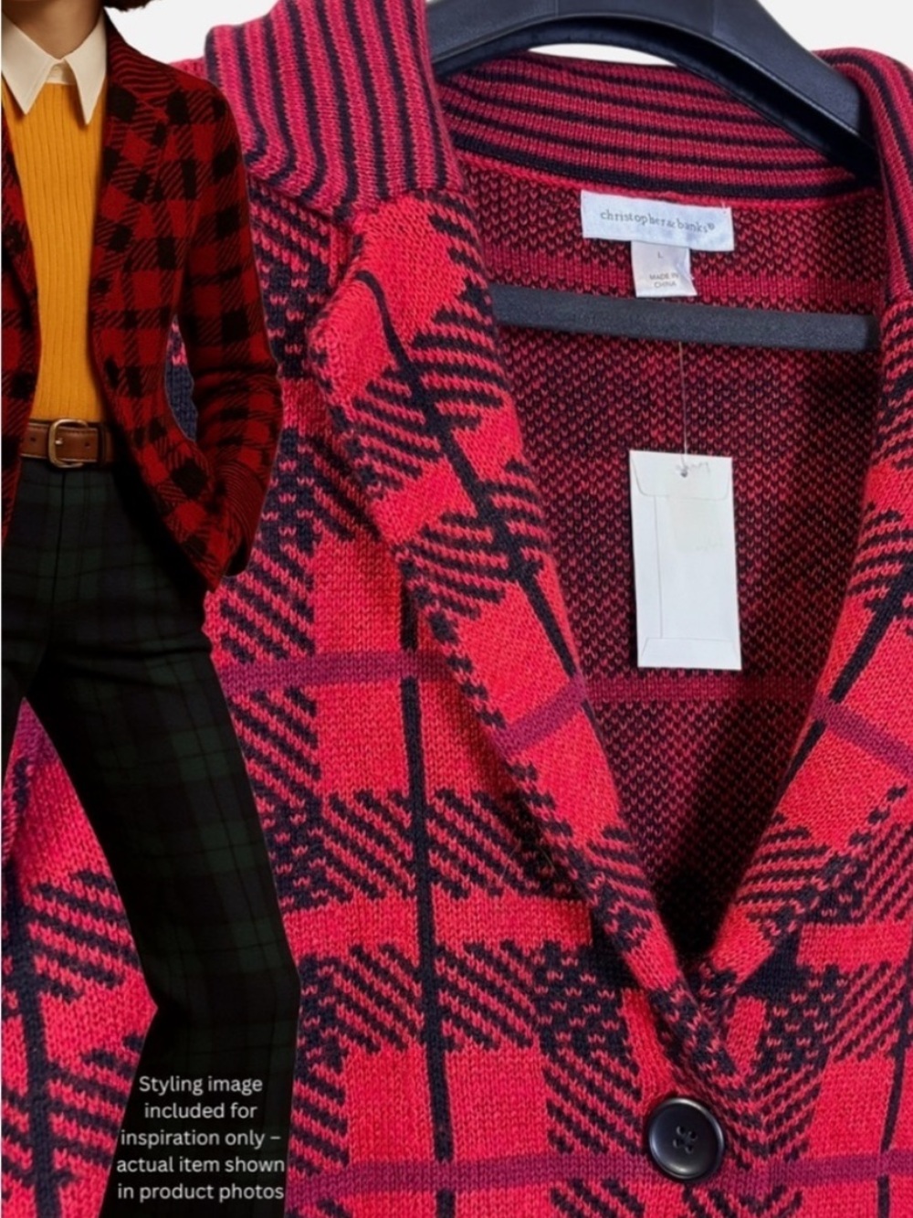 NEW Red Plaid Knit Cardigan Blazer L Holiday Cottage Academia MSRP$70